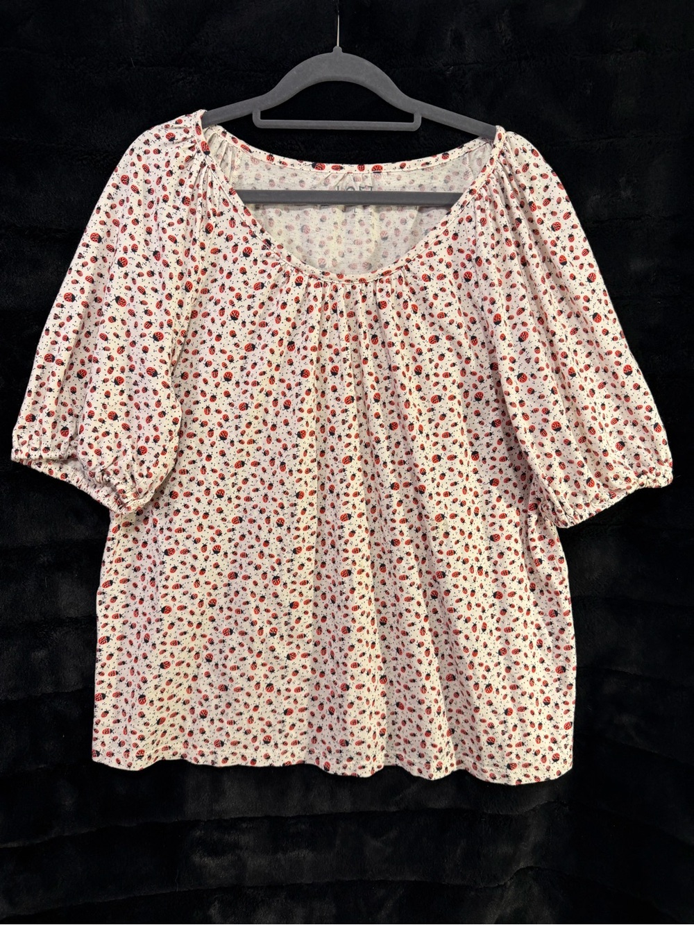 LOFT Ladybug Print Boho Top Womens Large White Puff Sleeve Soft Tee Cottagecore